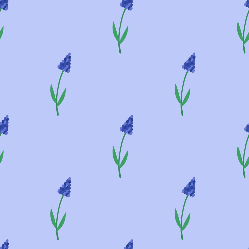 Seamless pattern with spring muscari flowers on a blue background. Vector background for printing on paper, fabric, packaging.