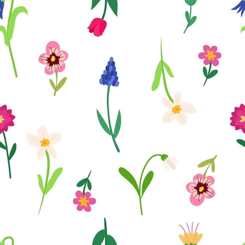 Seamless pattern with spring bright colorful flowers of tulip, narcissus, muscari, pansies, bell, peony. Vector background for printing on paper, fabric, packaging.