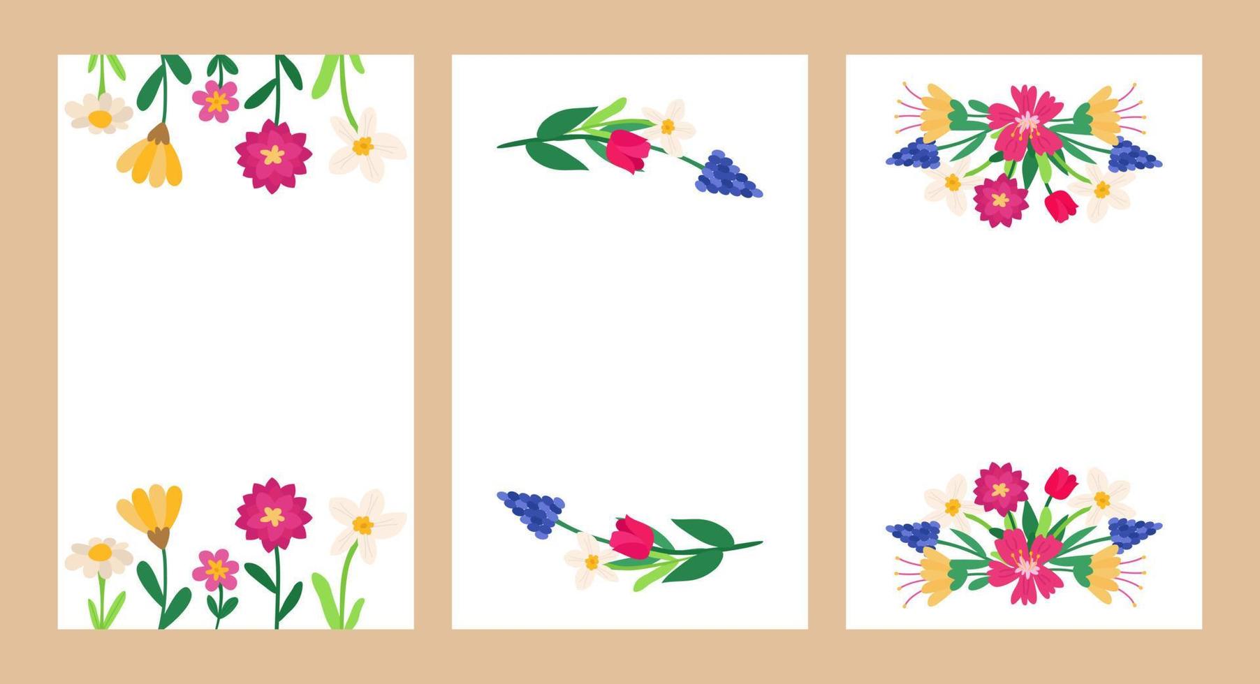 Set of spring postcards with bright colors of peony, muscari, tulip, pansies, snowdrop, chamomile. Colorful design for holidays with a place for text vector