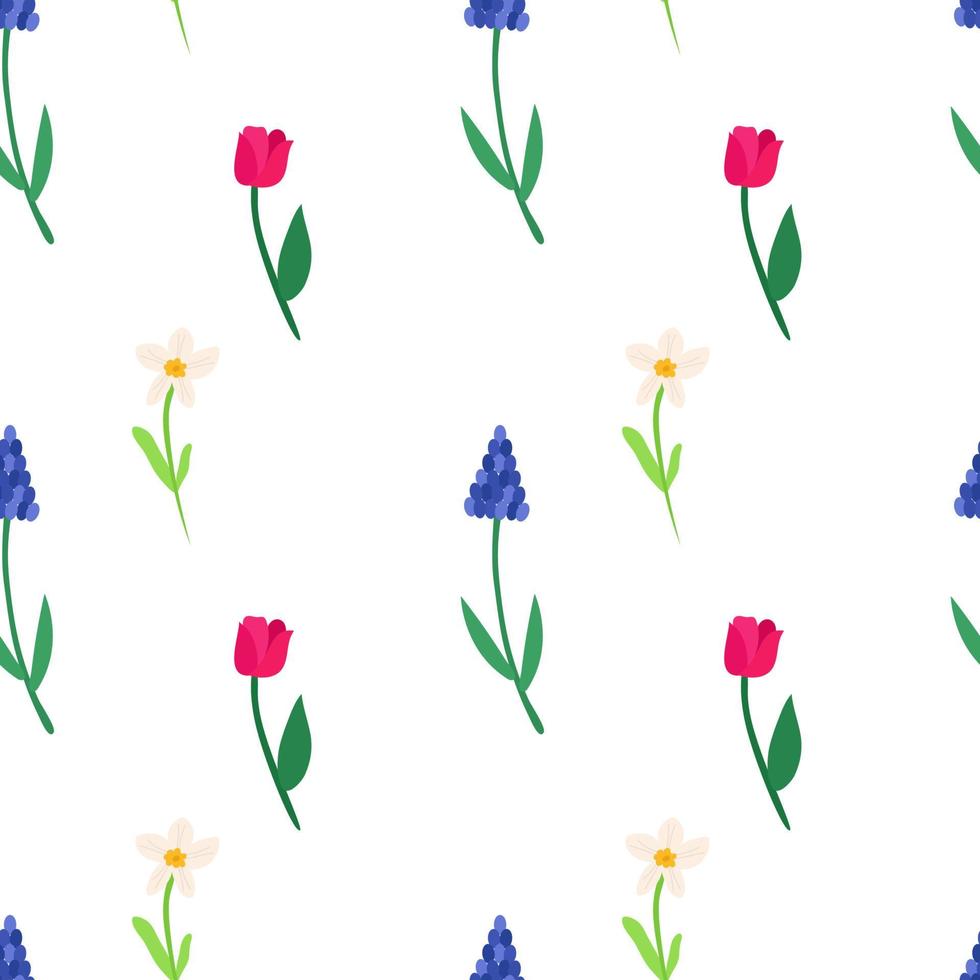 Seamless pattern of spring colorful flowers of tulip, muscari, daffodils. Festive rustic vector background for printing on paper, fabric, packaging.