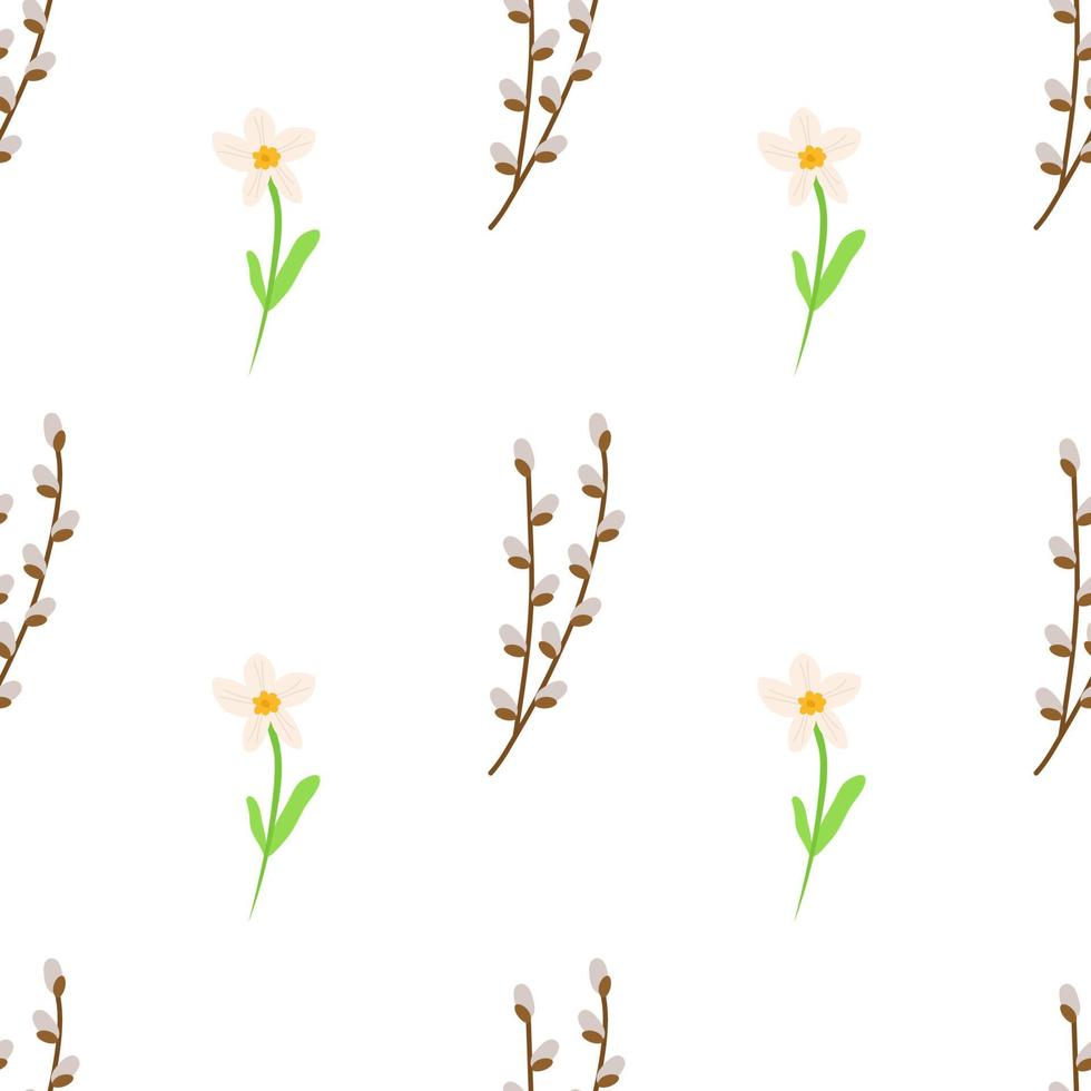 Seamless Easter pattern made of willow twigs with daffodils flowers. Festive vector background for printing on paper, fabric, packaging