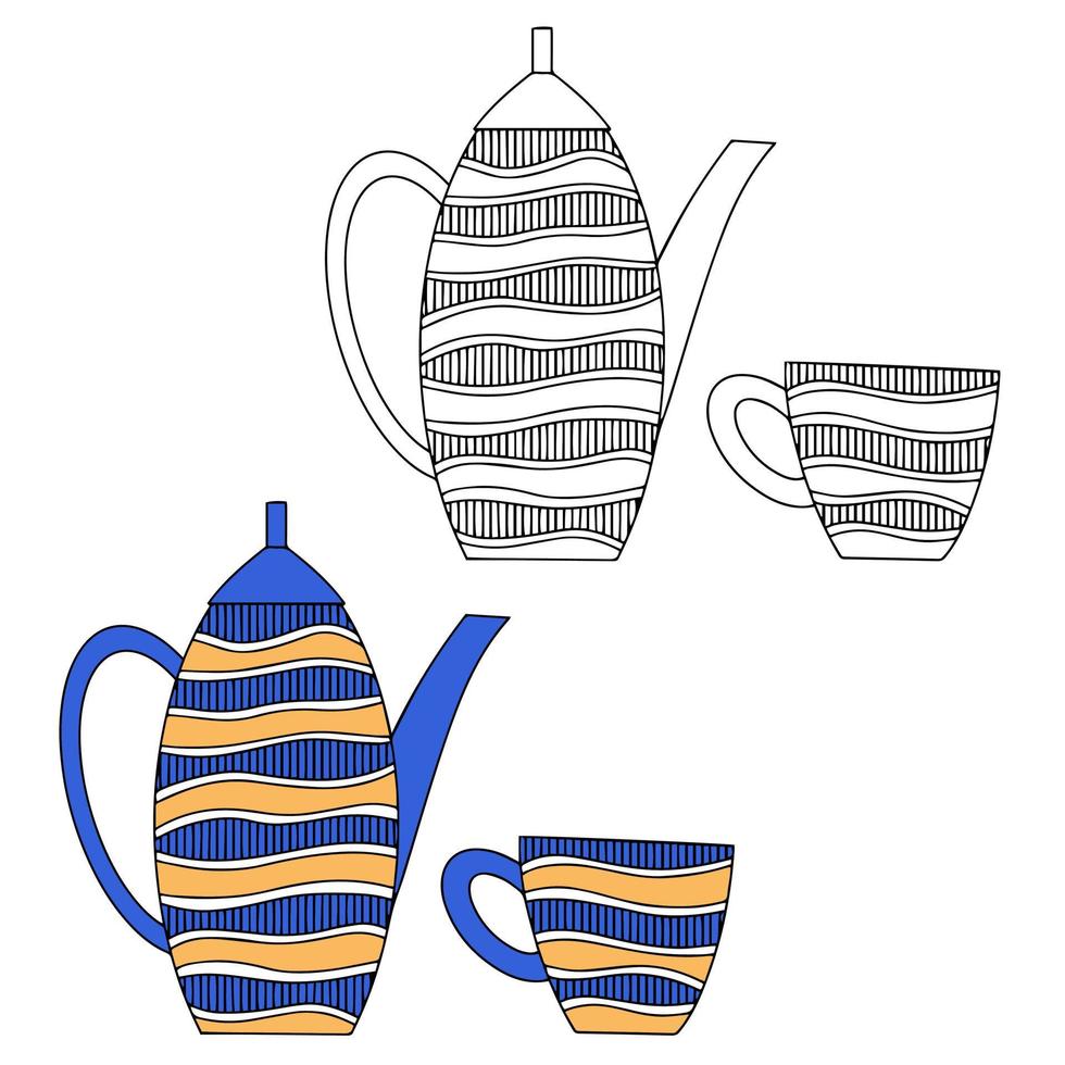 cafetera y taza de porcelana. color y dibujo lineal sobre fondo blanco vector