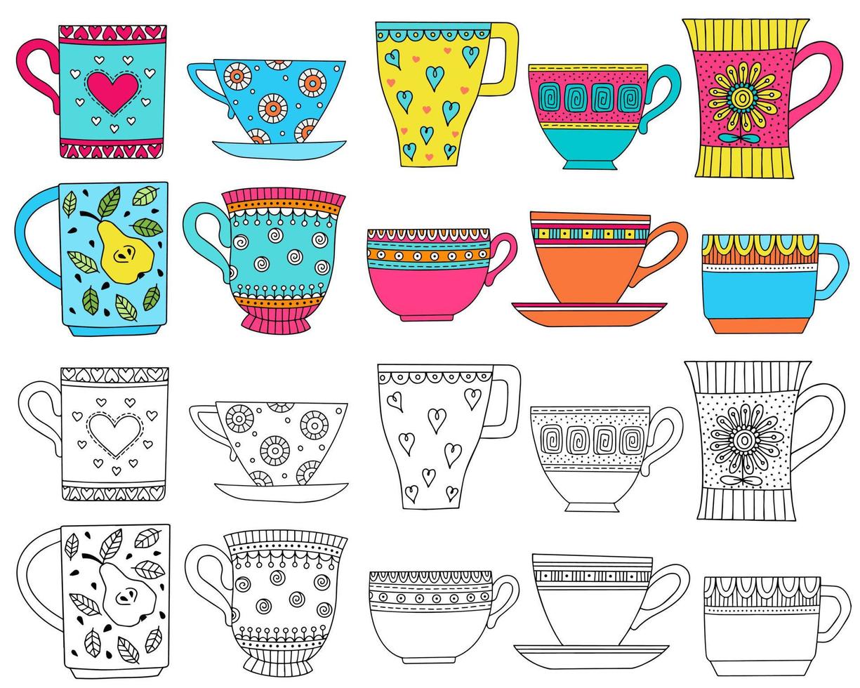 juego con tazas decorativas. dibujo de color y contorno. vector