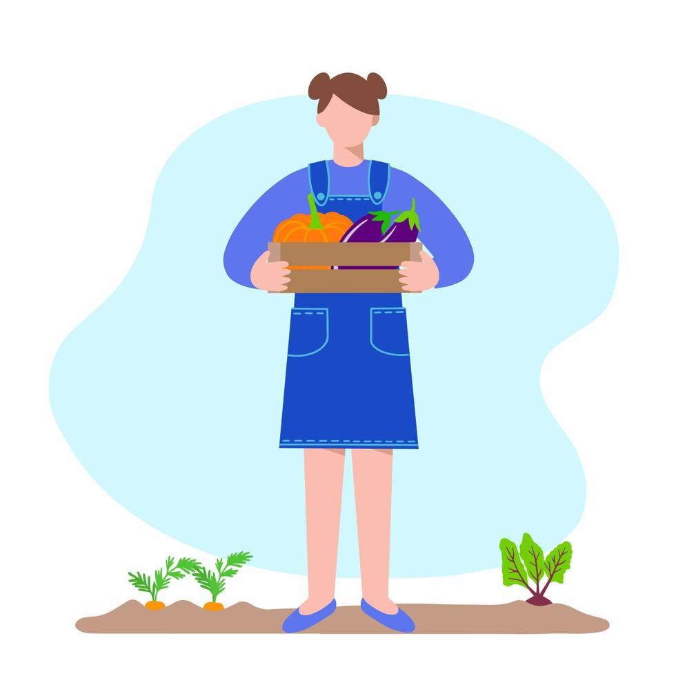 mujer joven sostiene caja de madera con verduras calabaza y berenjena vector