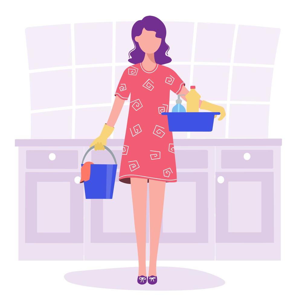 Woman goes to do cleaning, in her hands bucket and basin vector