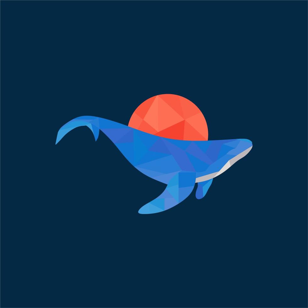 logo geométrico de ballena azul con sol vector