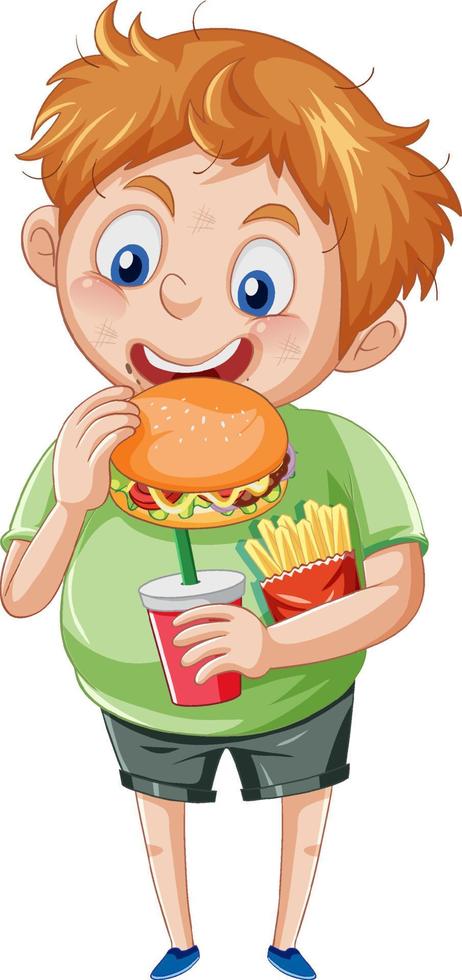 A boy eating fast food on a white background vector