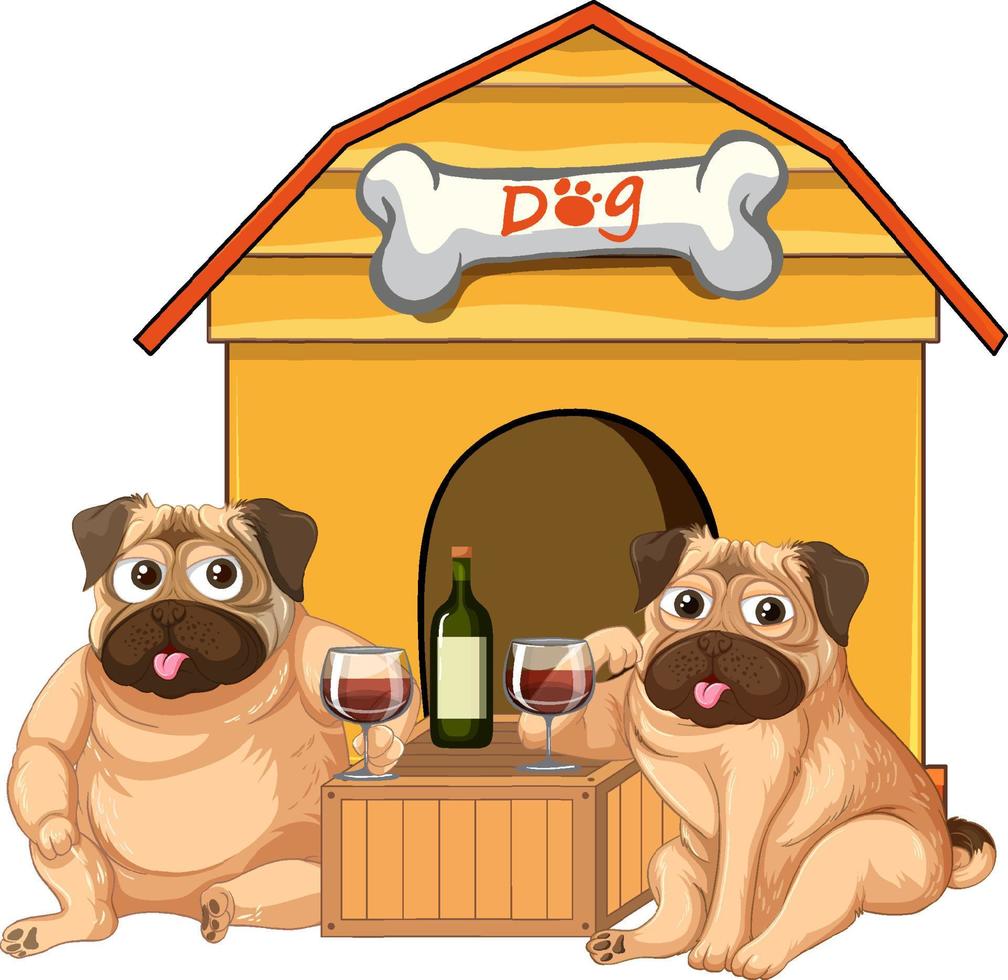 Two dogs drinking wine in front of pethouse vector