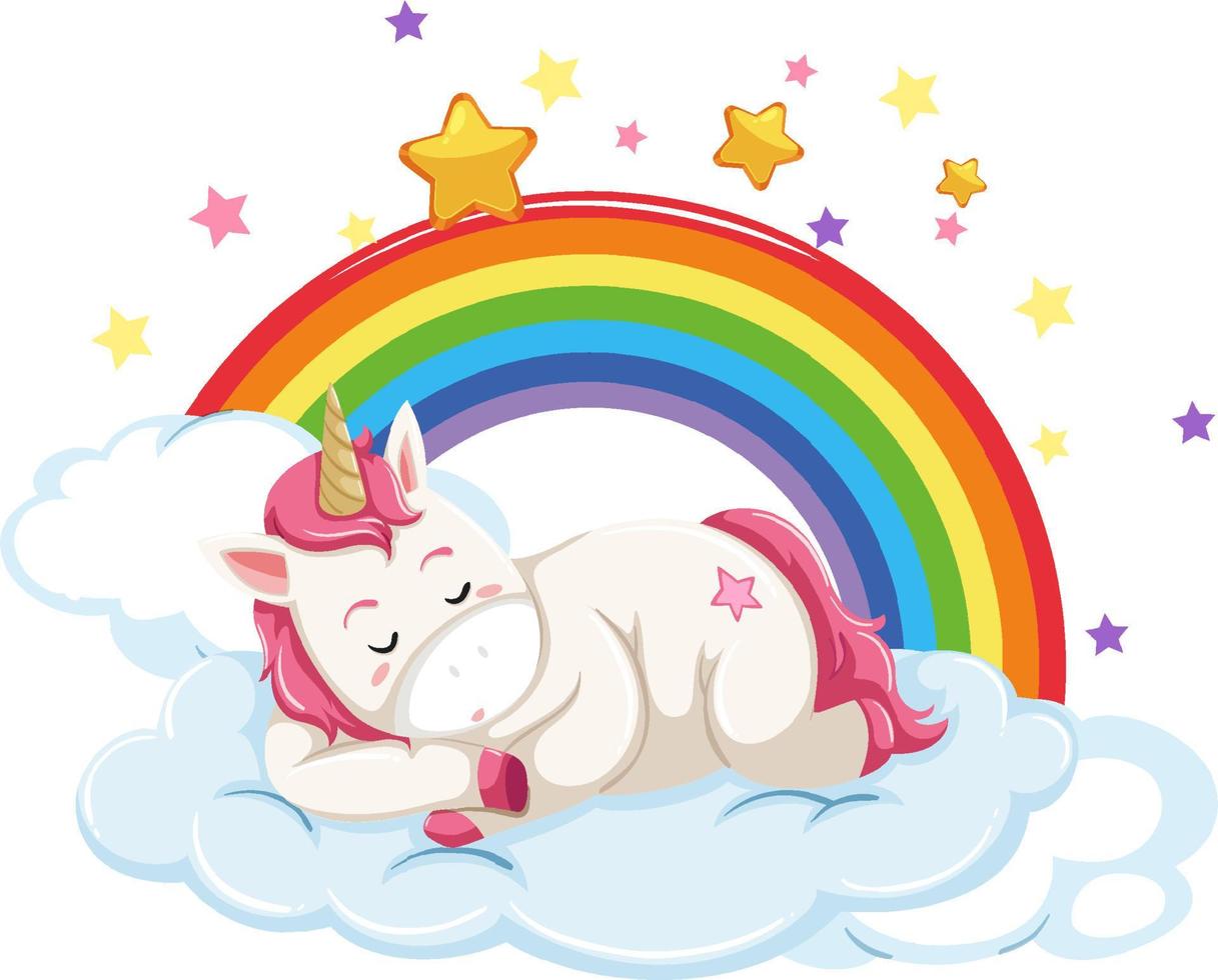 Little unicorn lying on a cloud with rainbow vector