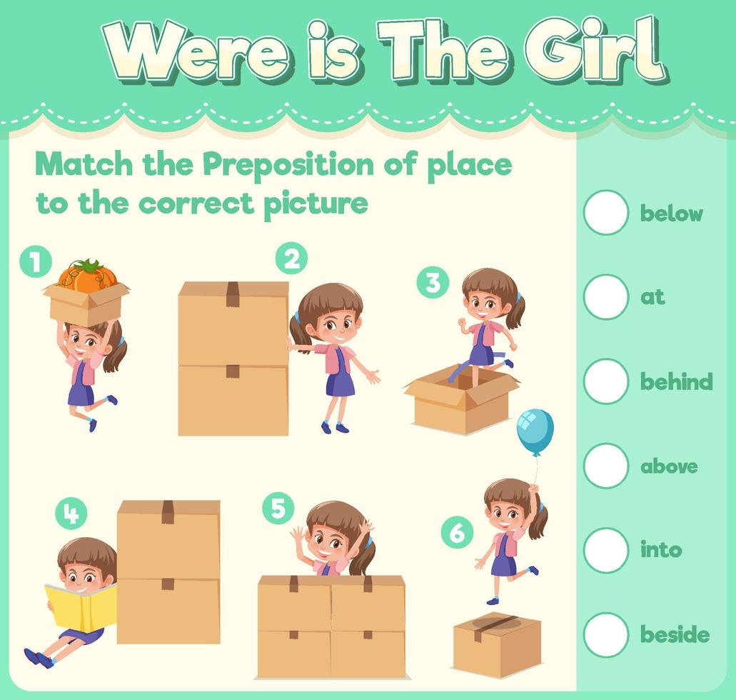 Prepostion wordcard design with girl and boxes vector