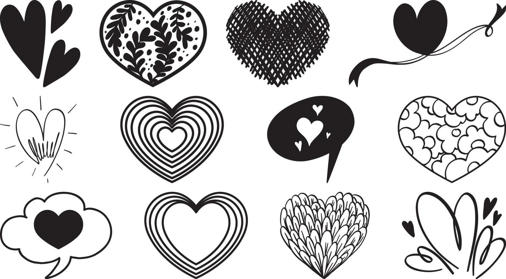 Black hand drawn hearts set vector