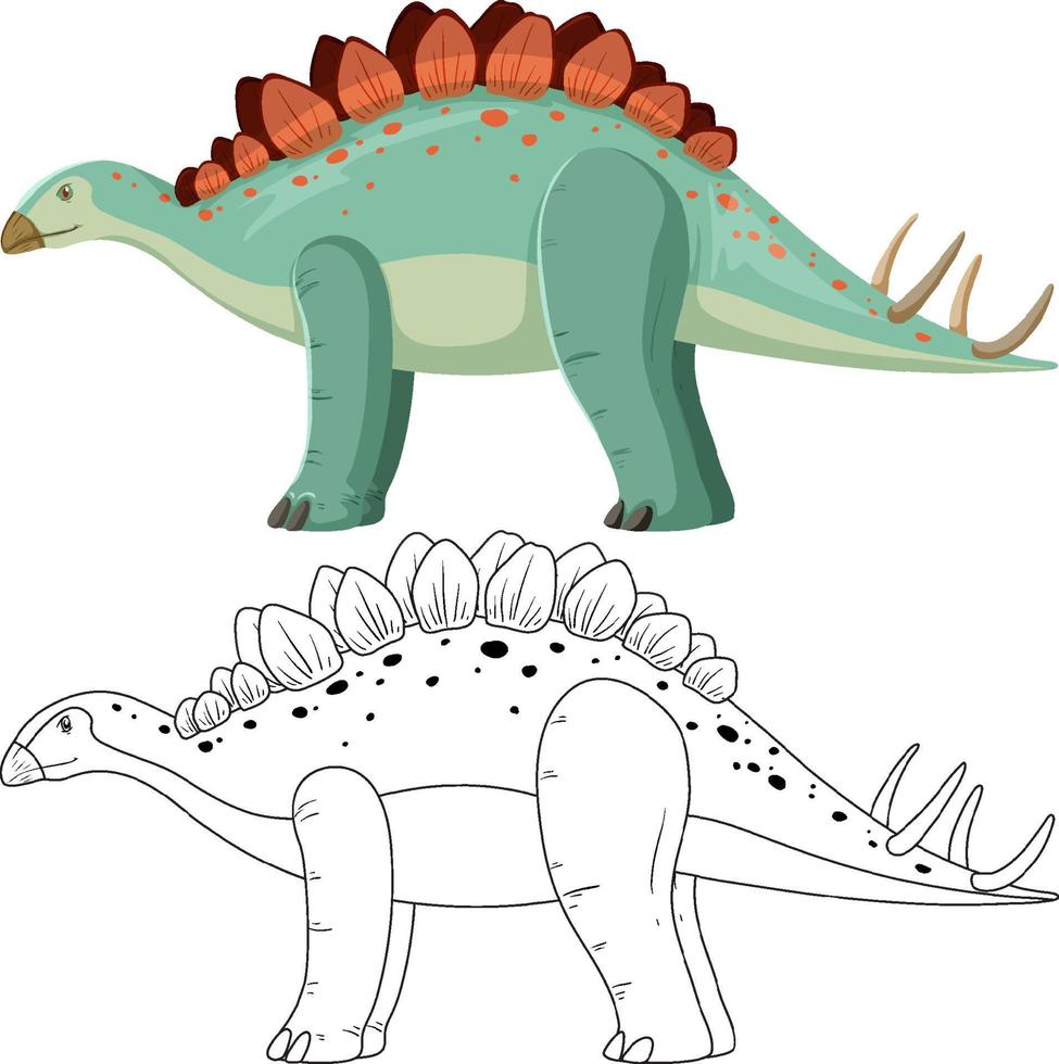 Stegosaurus dinosaur with its doodle outline on white background vector