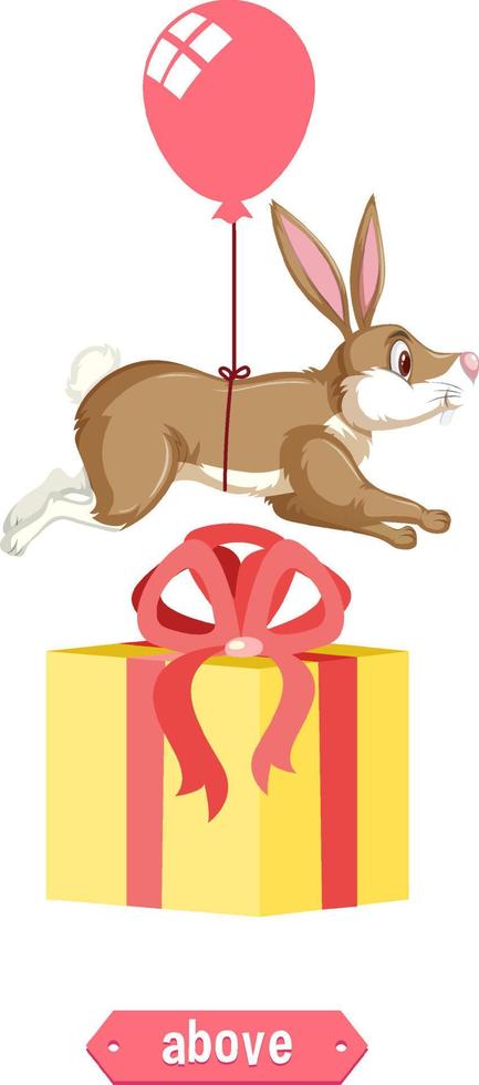 Preposition wordcard design with bunny above box vector