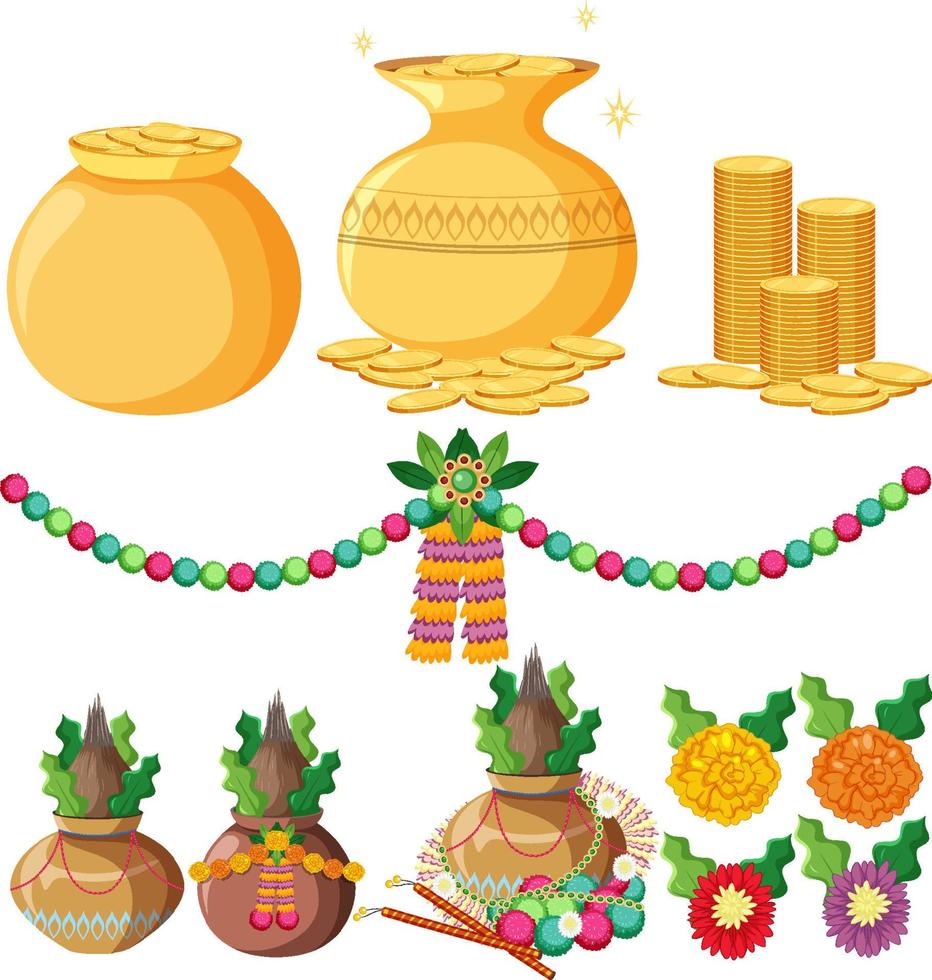 conjunto de ofrendas indias con oro y coco vector