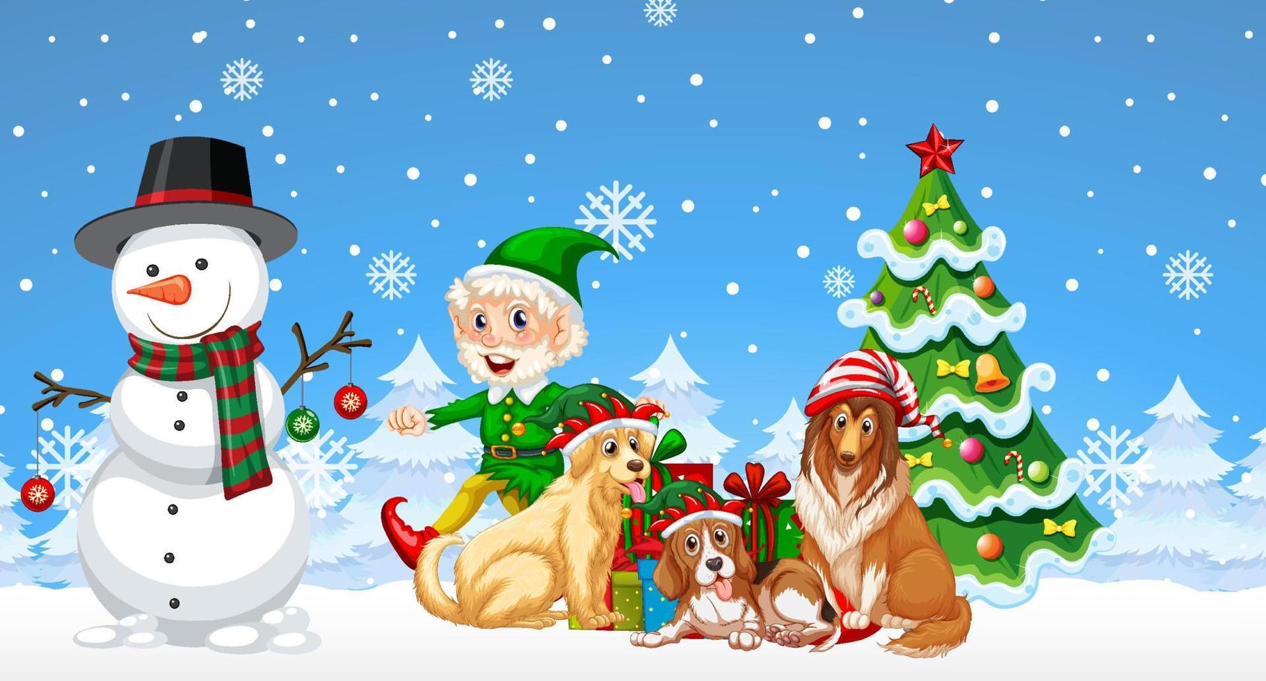 Christmas cartoon characters on snowy blue background vector