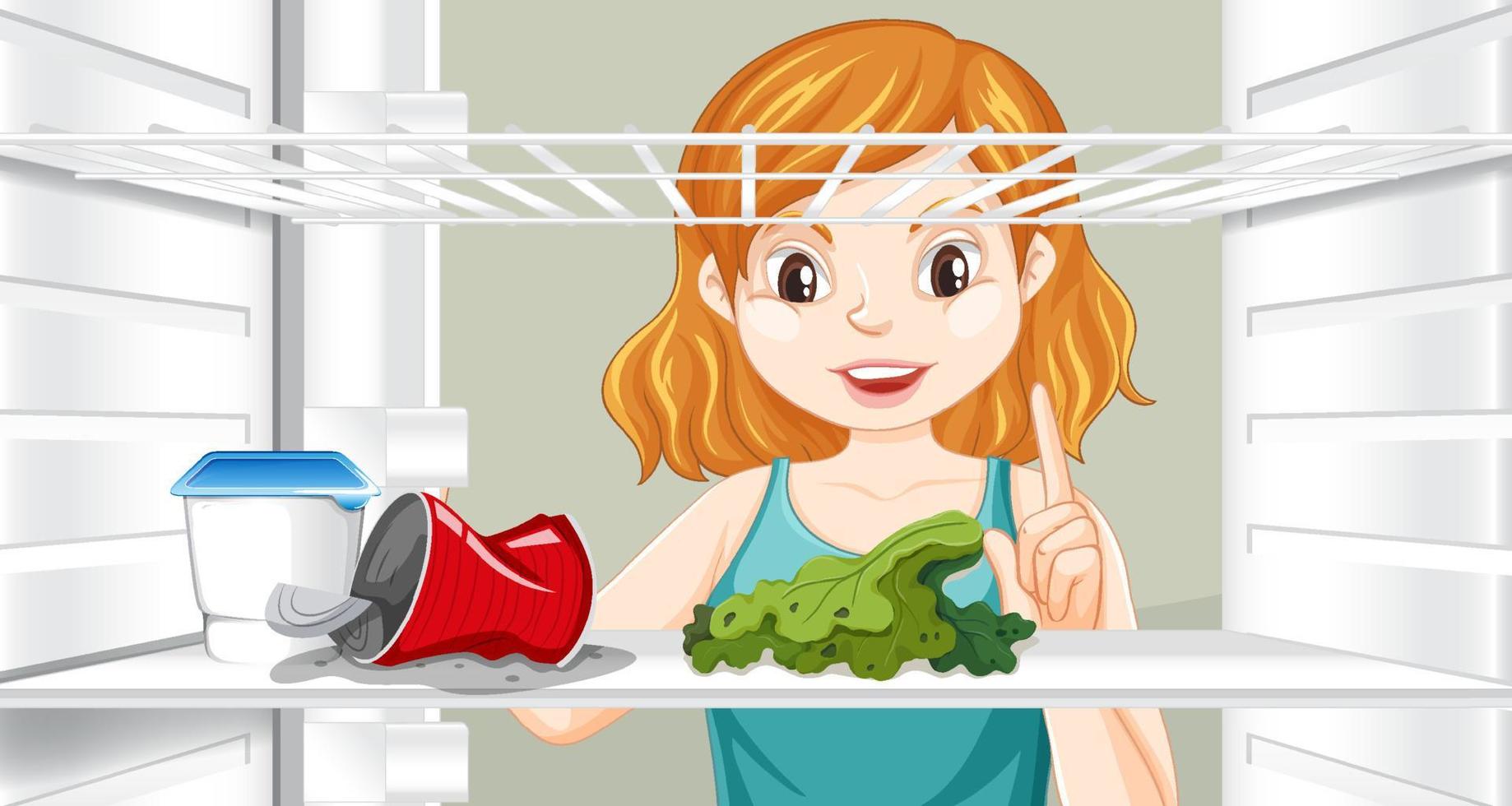 Girl looking inside refridgerator vector