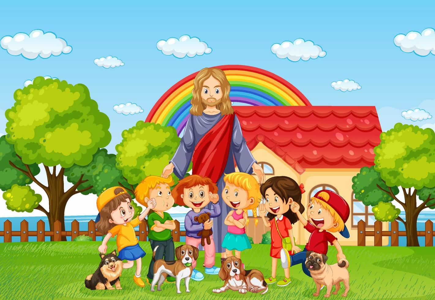 Jesus and children at the park vector