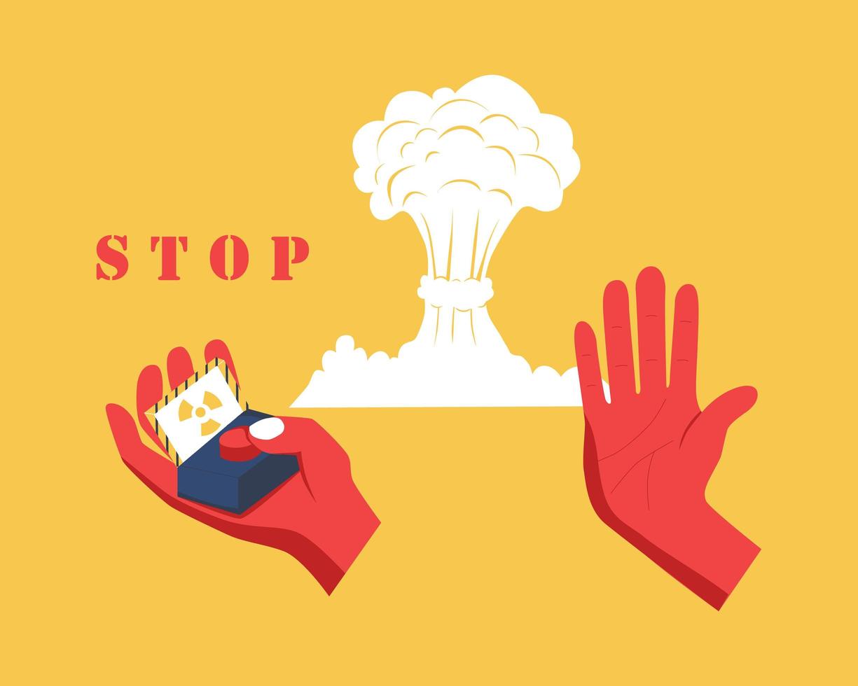 Stop nuclear weapons banner. Atomic bomb explosion, hand on a nuclear button, stop sign. No war flat vector illustration