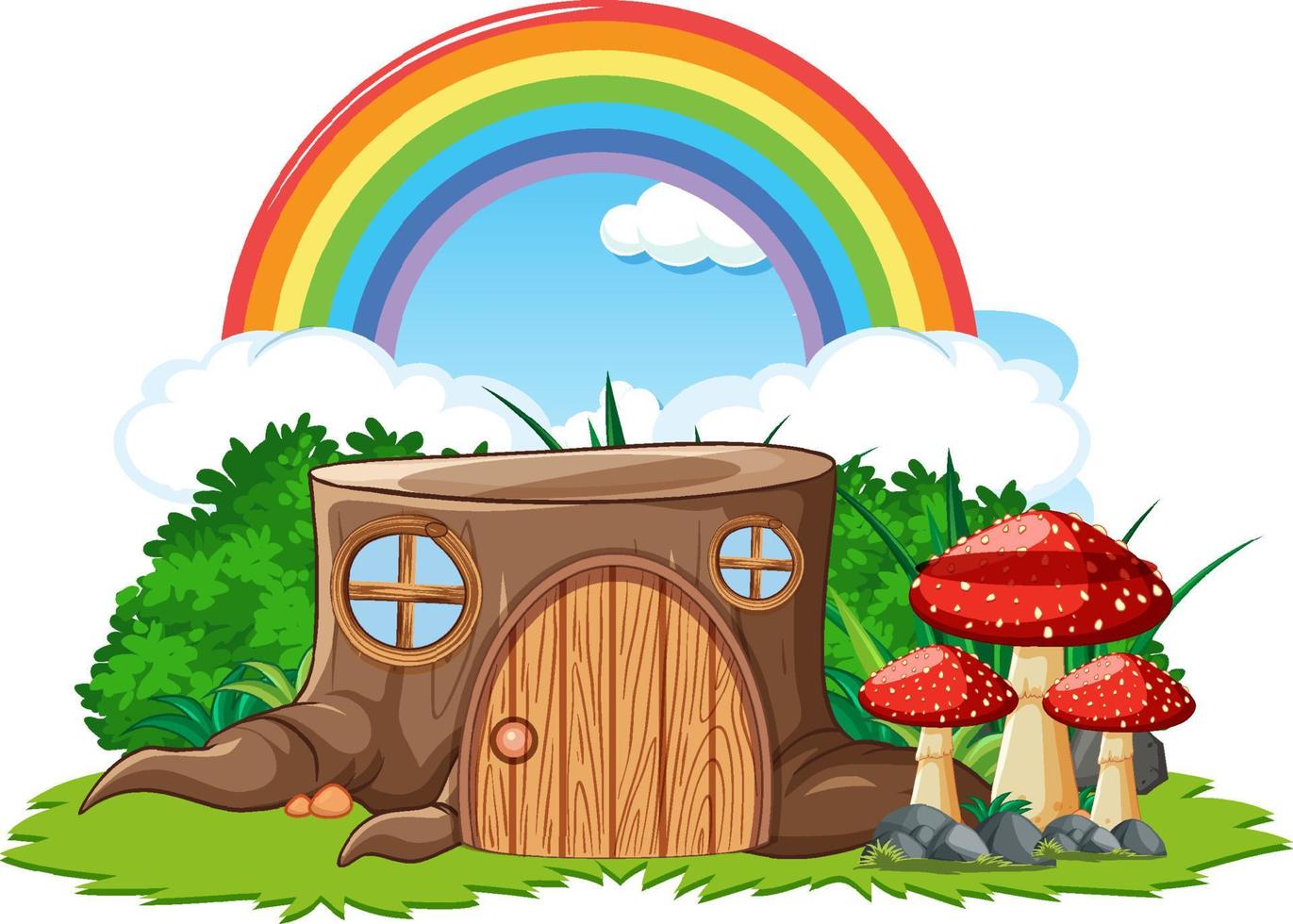 Fantasy stump house with rainbow in the sky vector