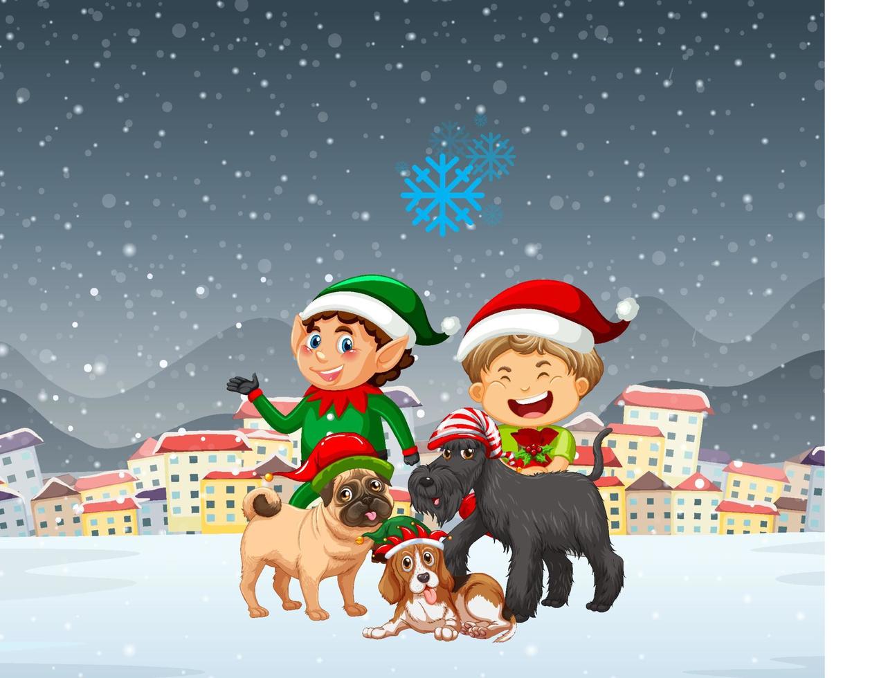 Snowy night scene with Christmas cartoon characters vector