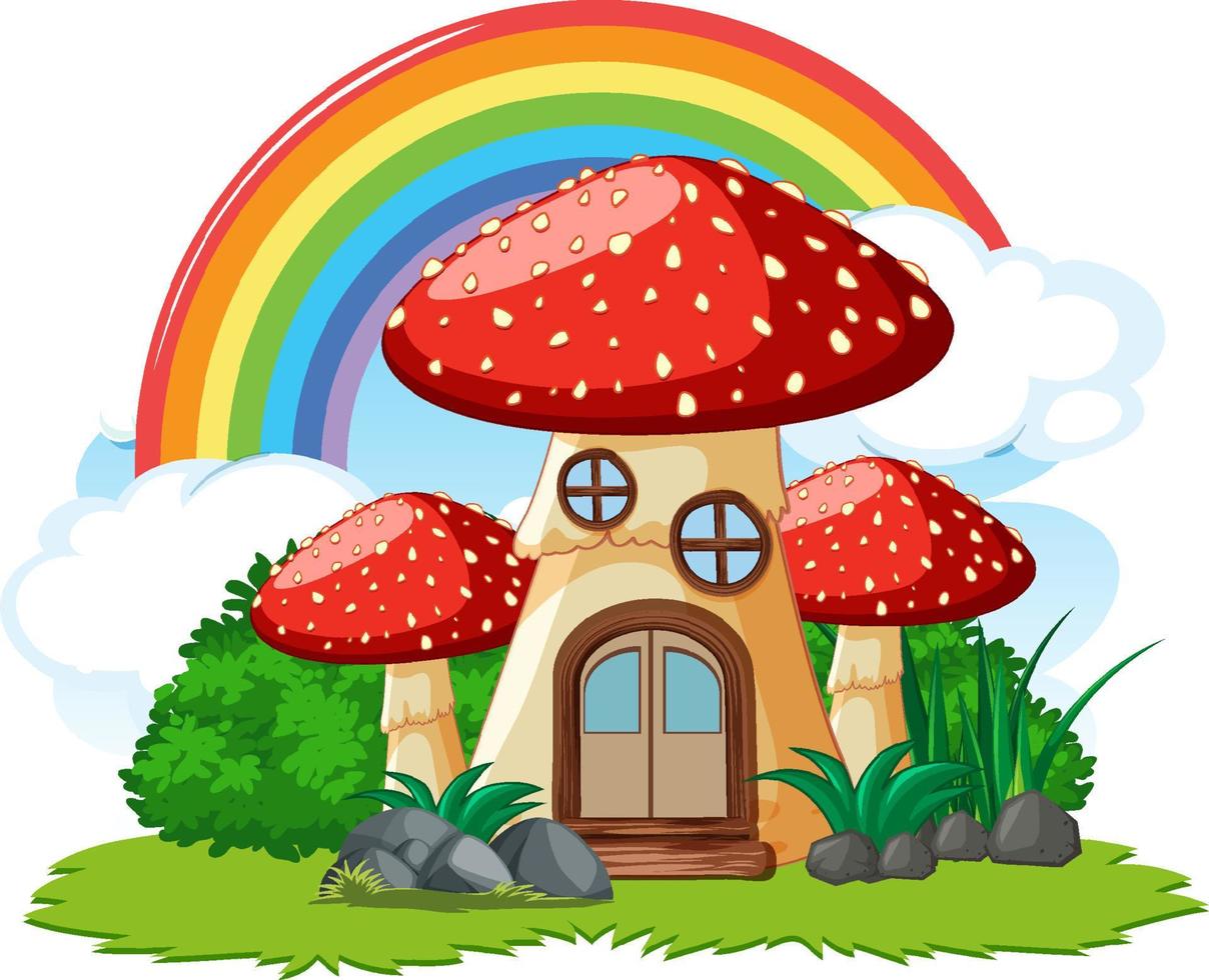 Fantasy mushroom house with rainbow in the sky vector