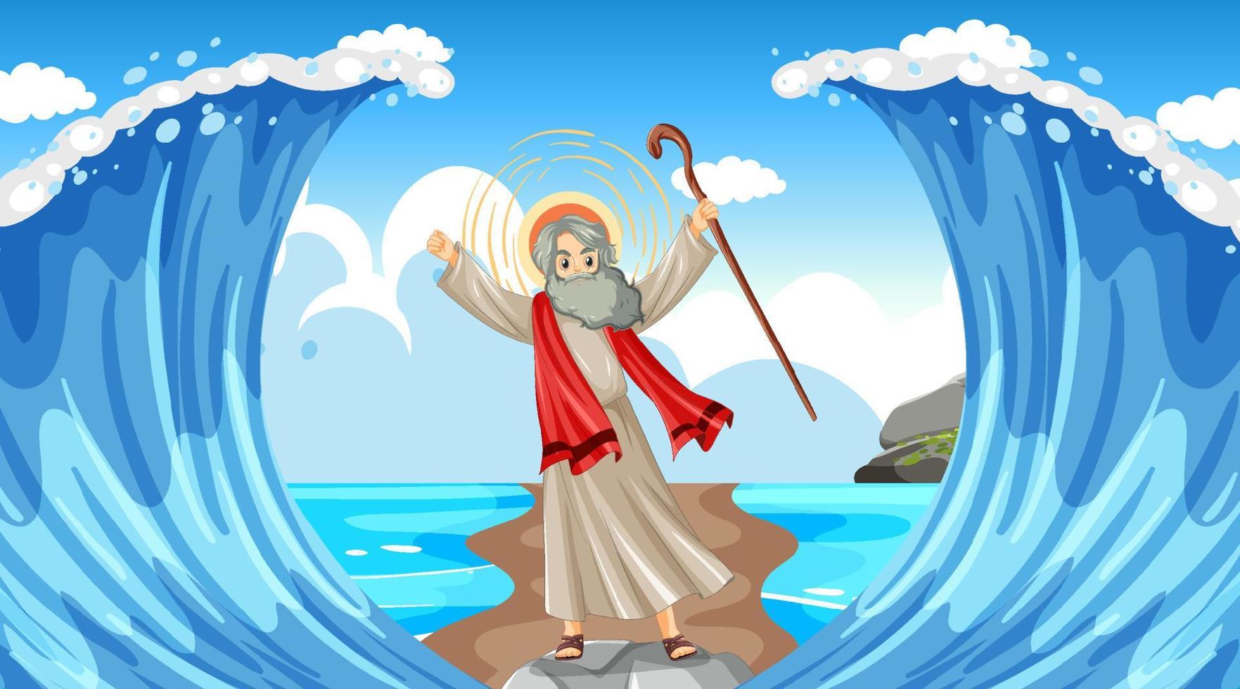 Moses cartoon character with red sea background vector