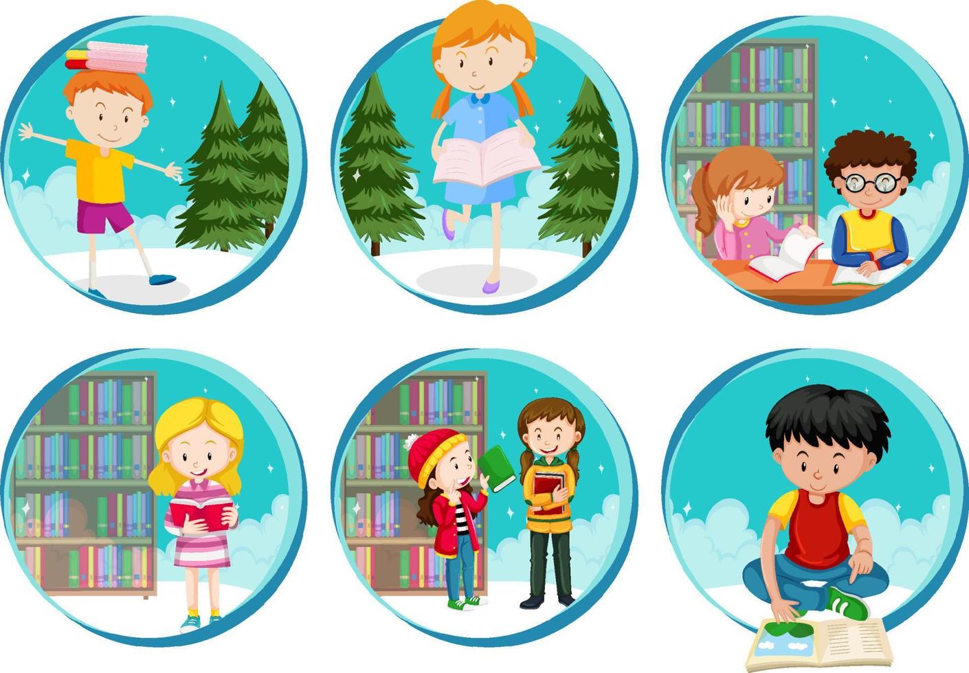 Set of Little boy and girl reading a book on white background vector