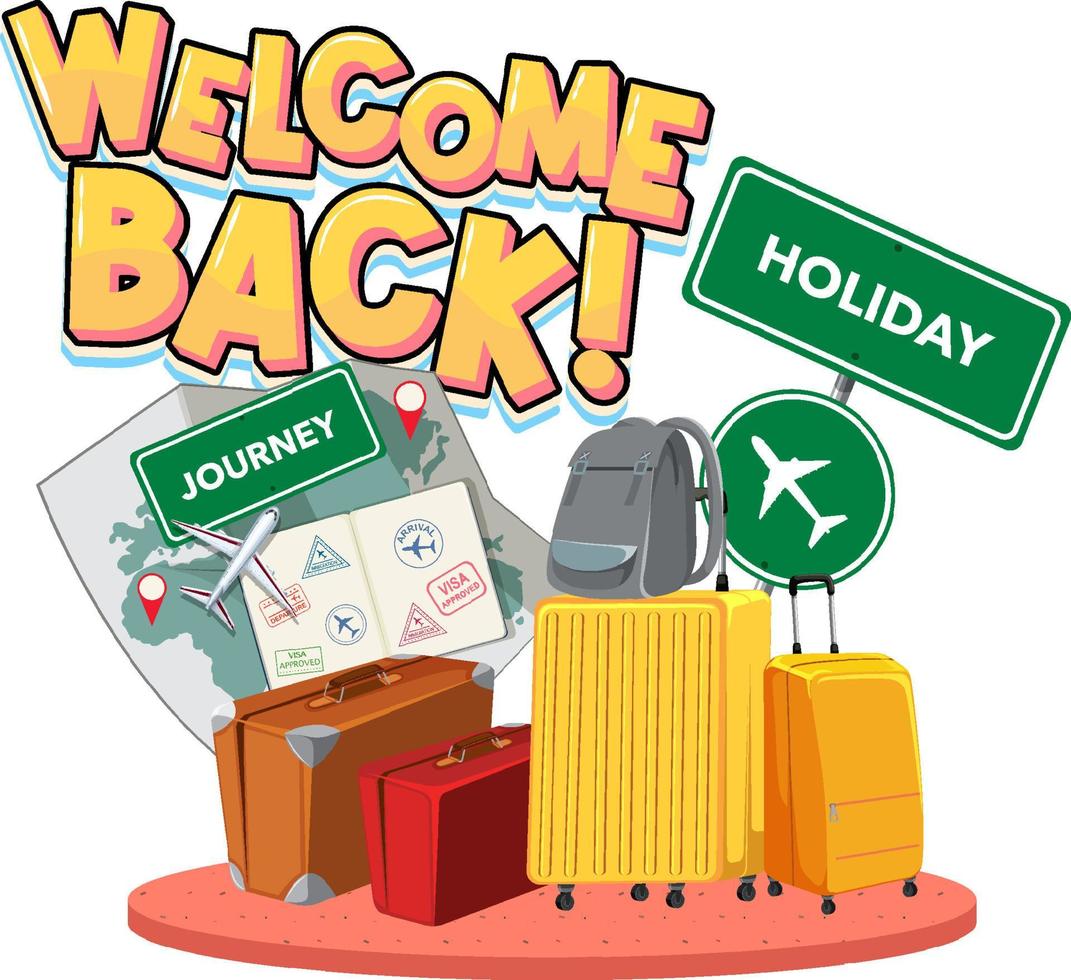 Welcome Back typography logo travelling objects vector