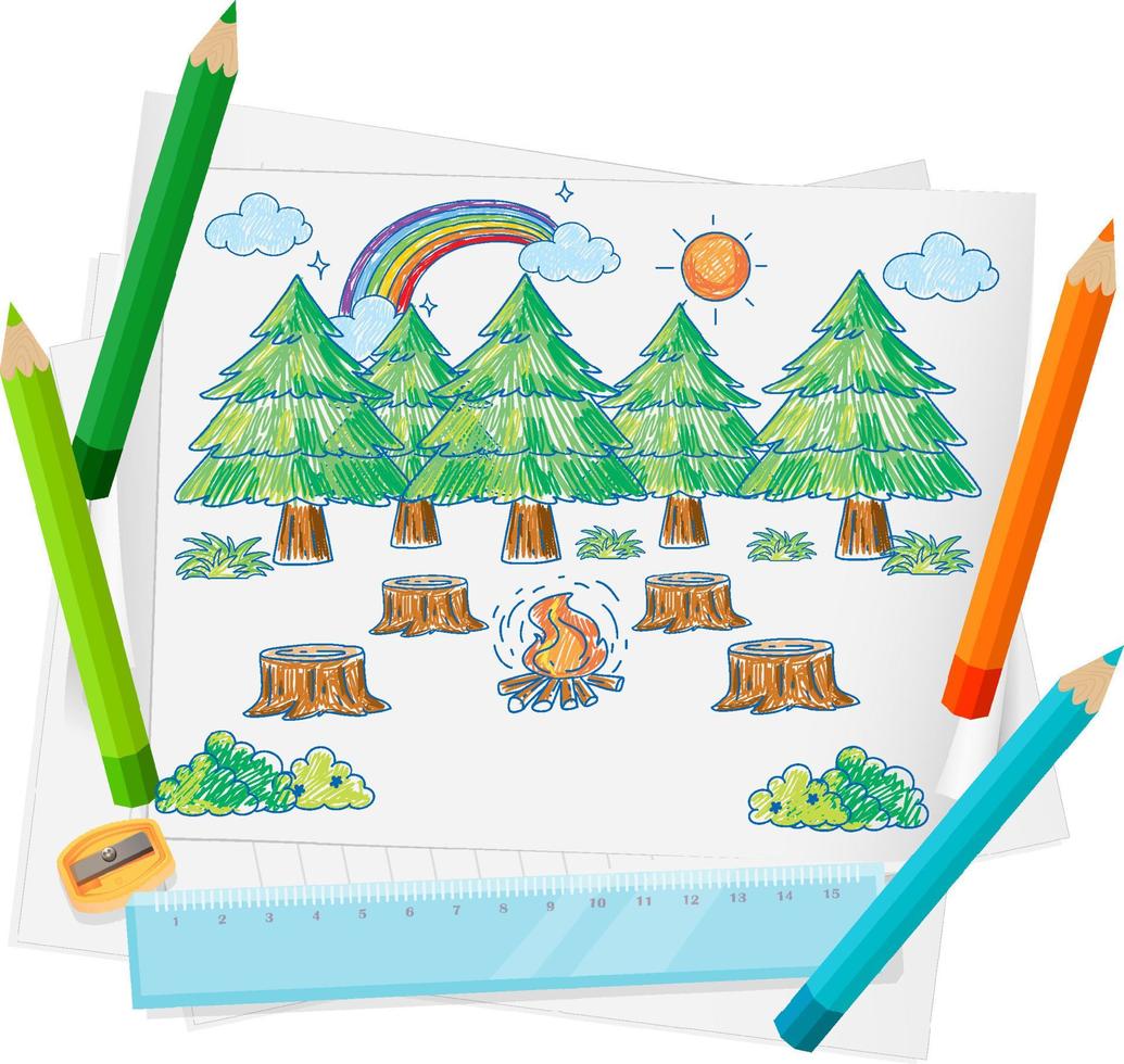 A paper with a doodle sketch design with color and colour pencils vector