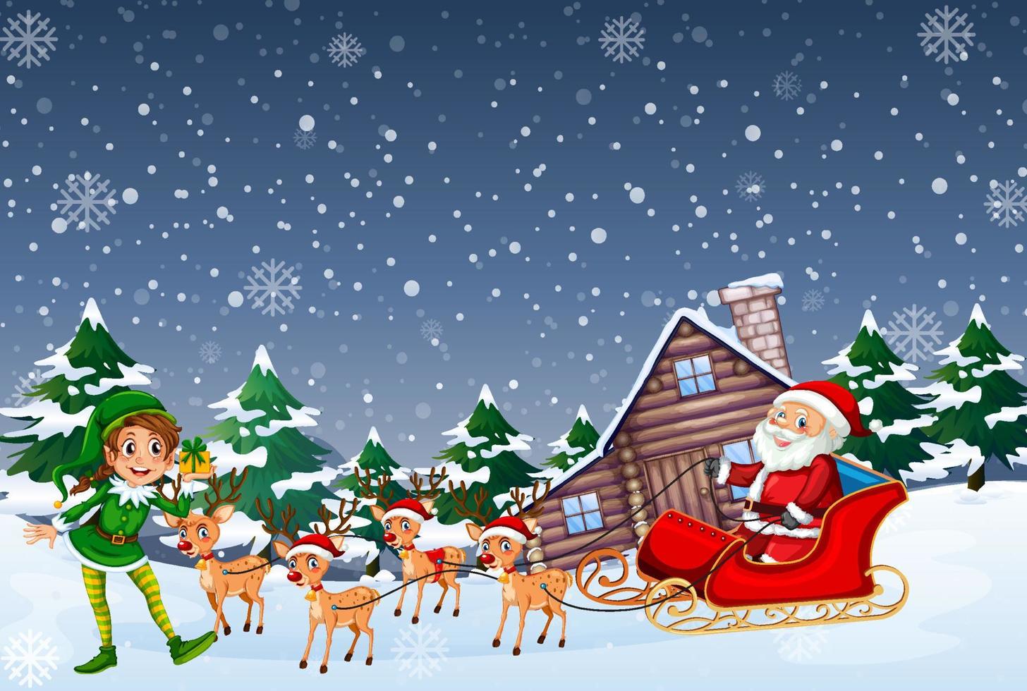 Snowy night scene with Christmas cartoon characters vector