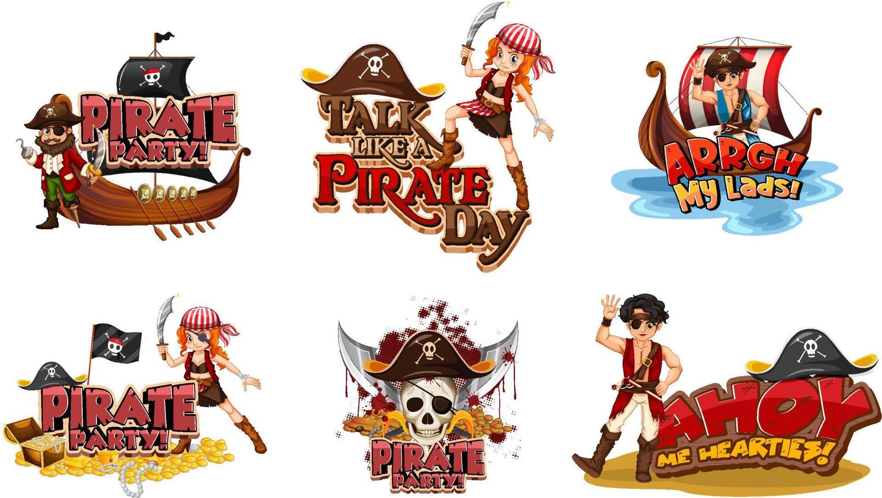 conjunto de personajes y objetos de dibujos animados piratas vector