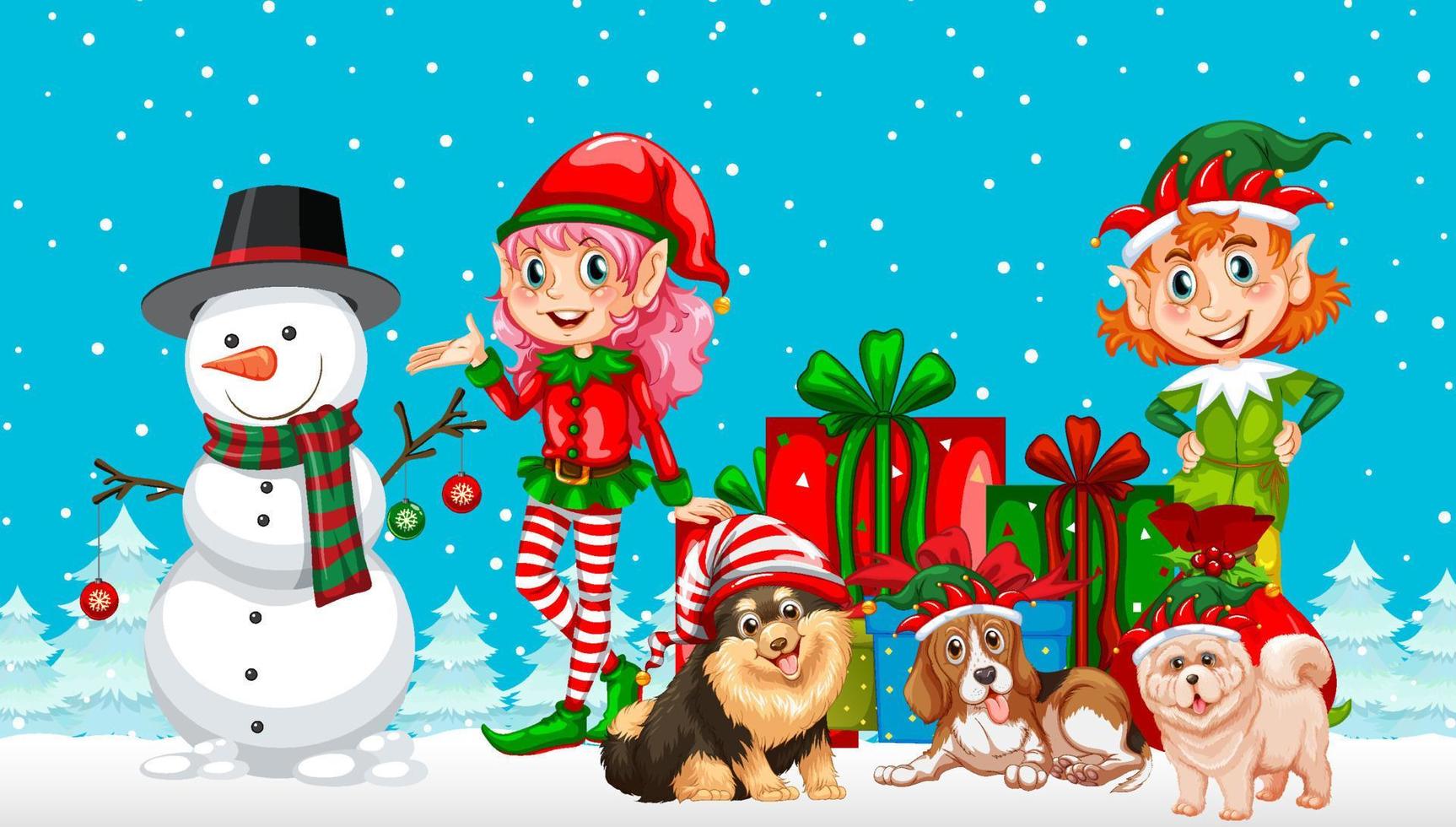 Christmas cartoon characters on snowy blue background vector