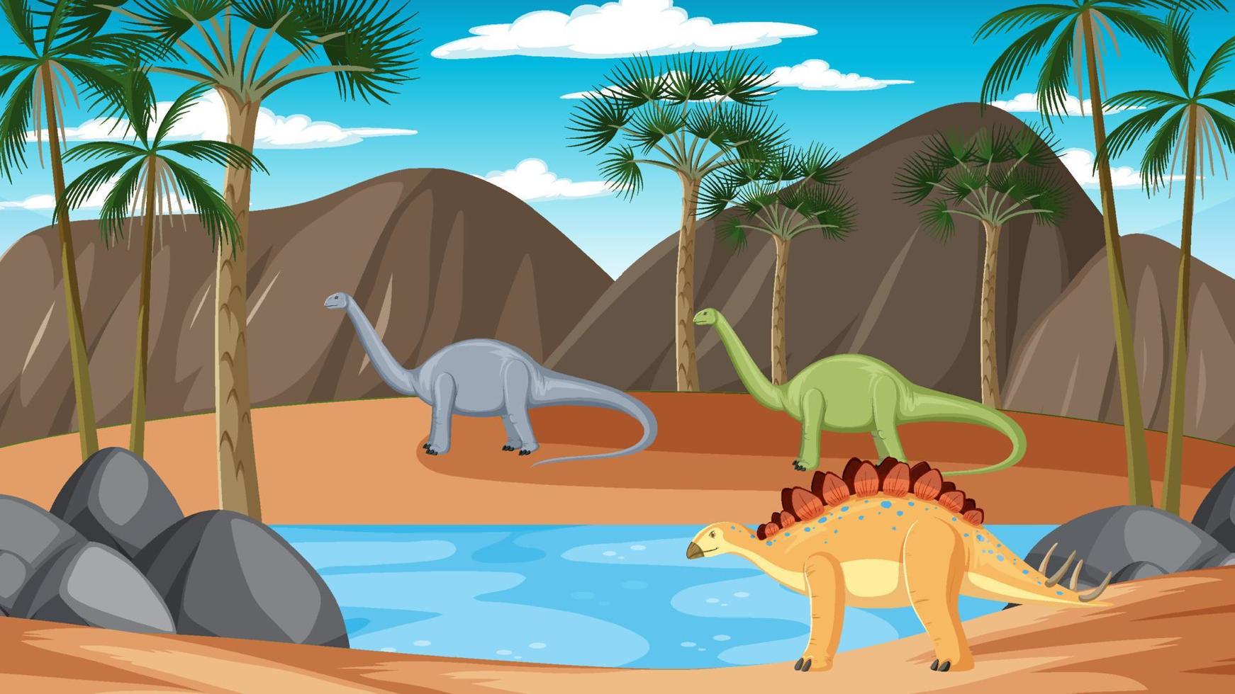 dinosaurio en la escena del bosque prehistórico vector