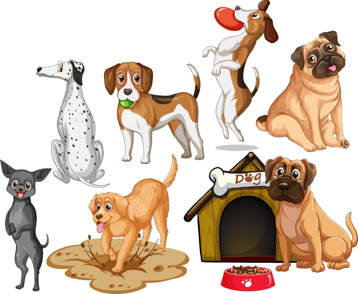 conjunto de diferentes perros lindos en estilo de dibujos animados vector