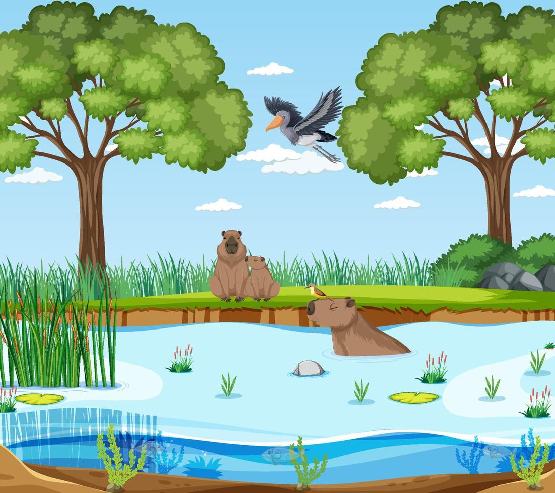 escena con animales salvajes junto al río. vector