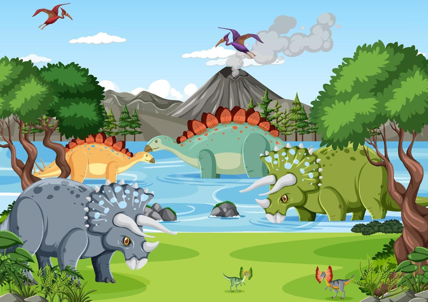 dinosaurio en la escena del bosque prehistórico vector