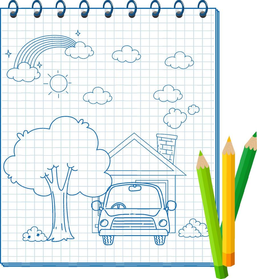 A notebook with a doodle sketch design and colour pencils vector