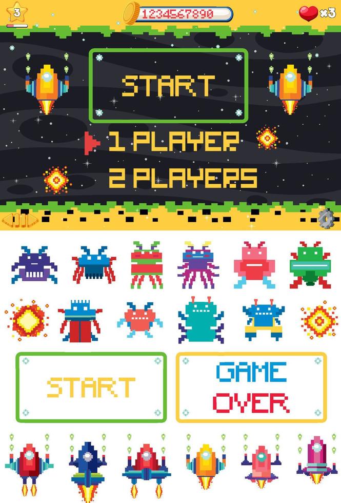 Retro pixel space game interface vector