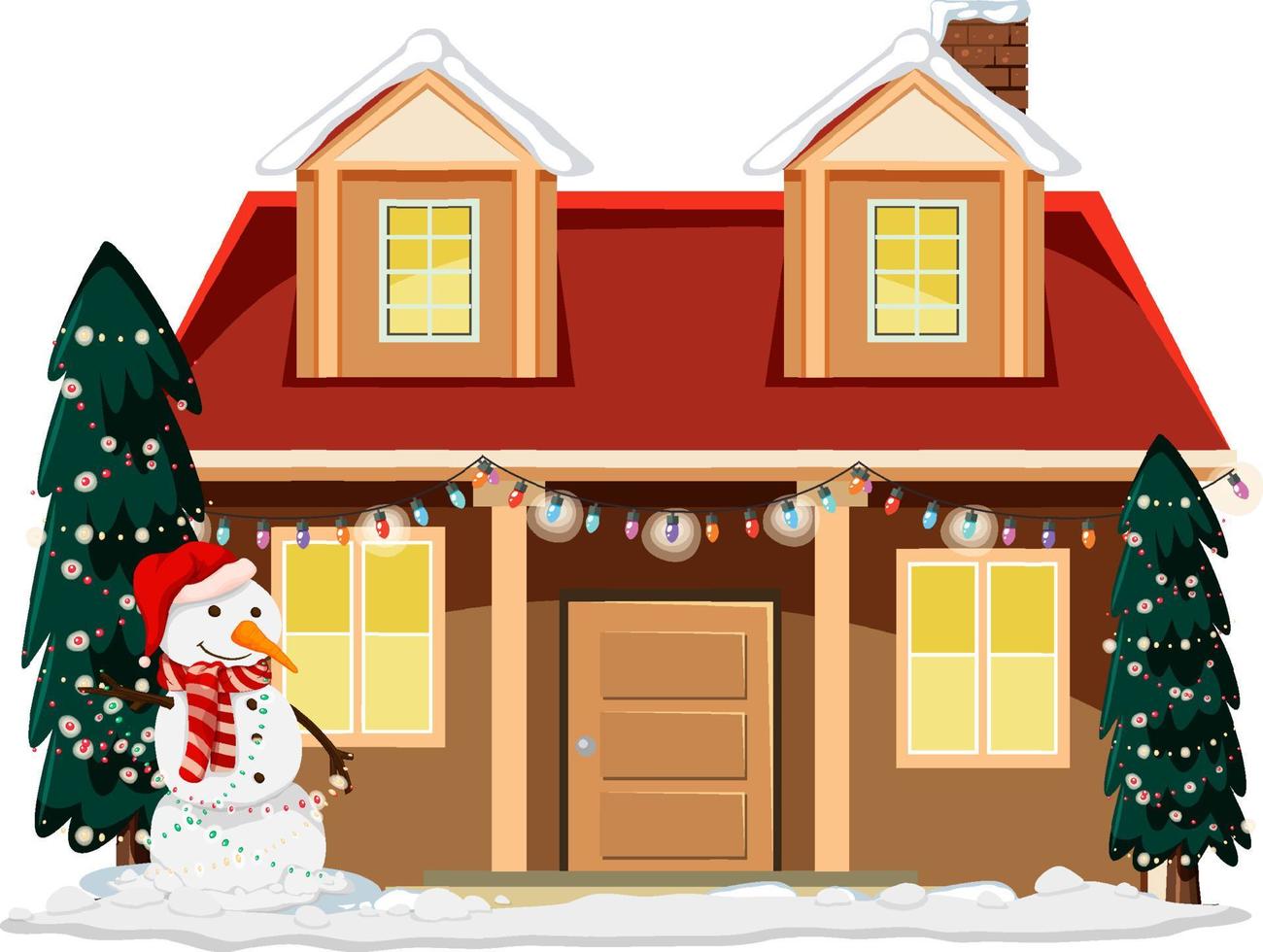 casa cubierta de nieve con un muñeco de nieve y árboles decorados con navidad vector