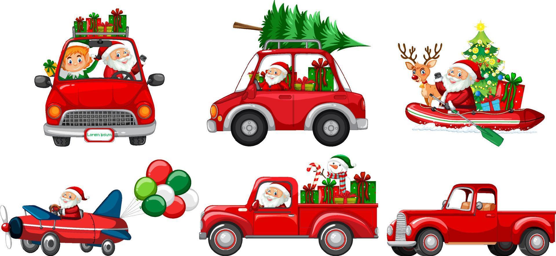 conjunto de diferentes autos navideños y personajes de santa claus vector