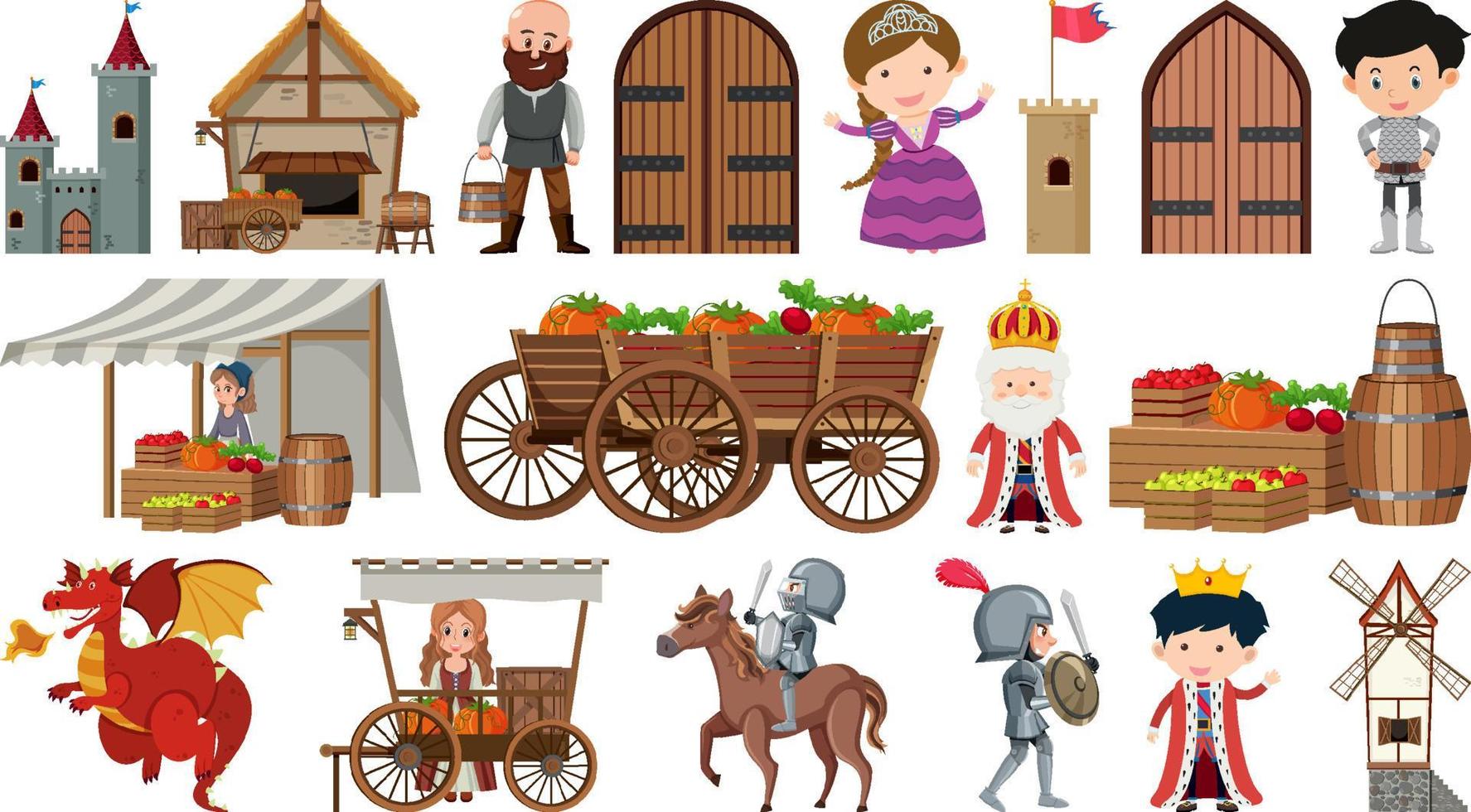 Set of fantasy cartoon characters and elements vector