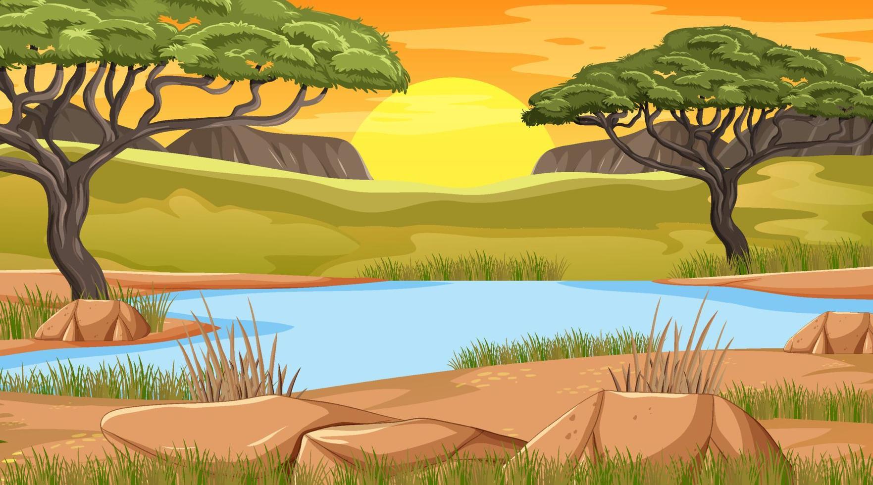 Lake in Savanna forest at sunset time vector