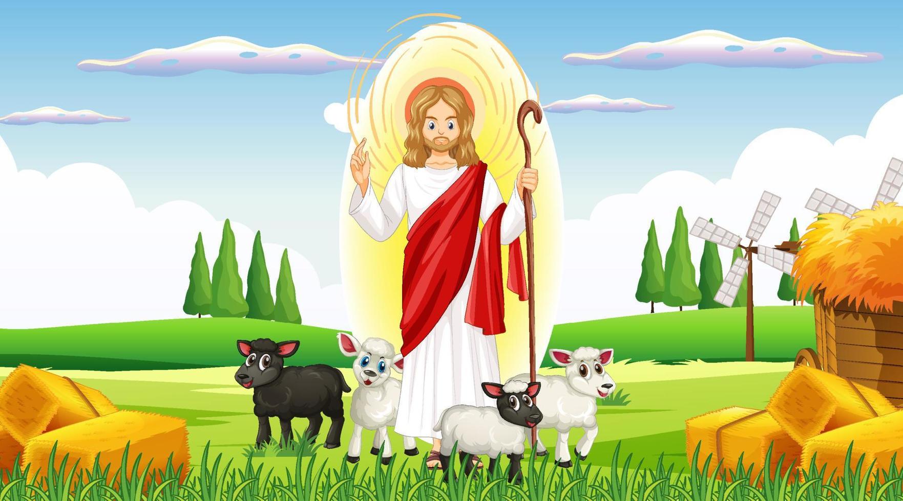 Jesús y los animales en la escena de la granja. vector