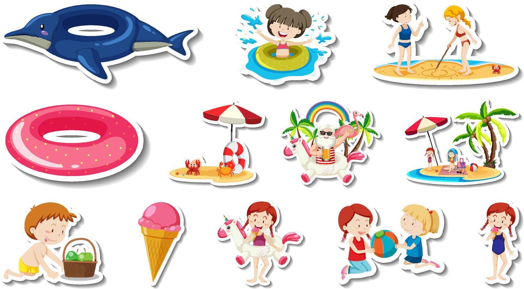 conjunto de artículos de playa de verano y niños. vector