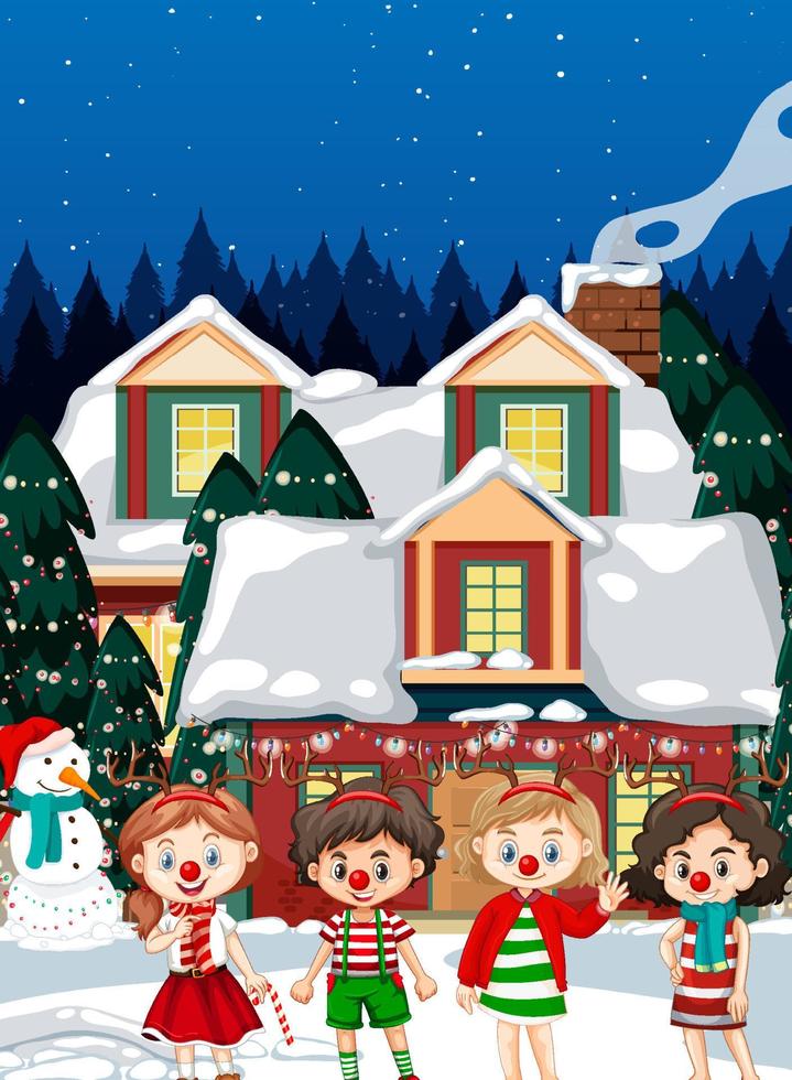 Happy children celebrating Christmas in front of a house at night vector