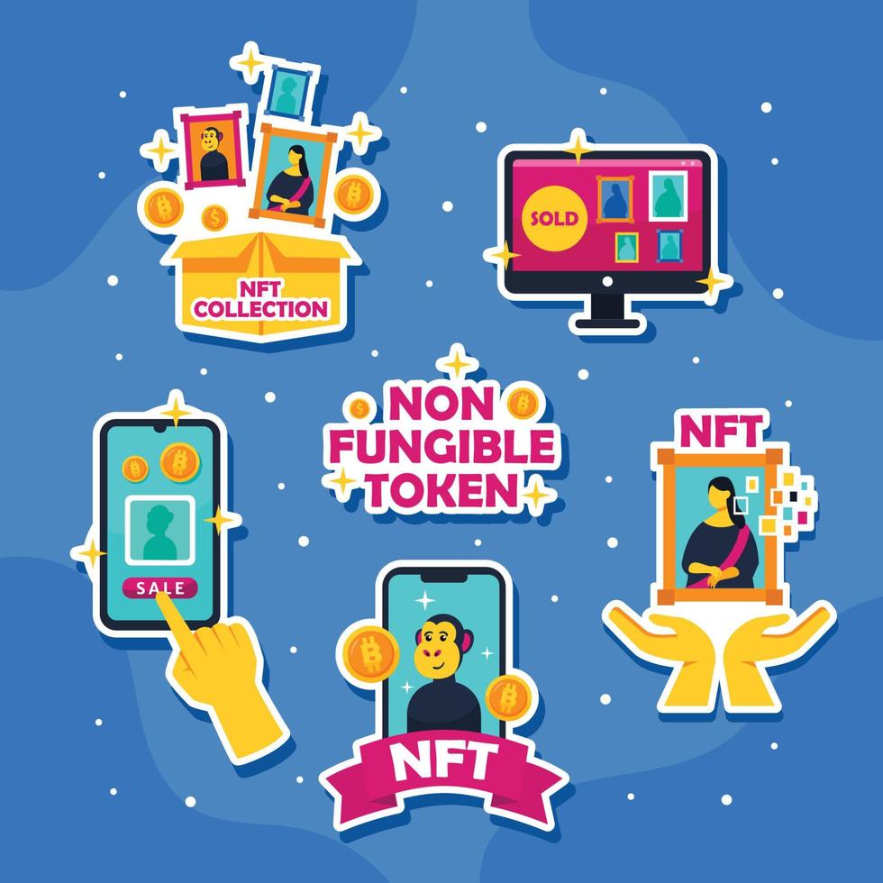 NFT Flat Cartoon Sticker Set vector