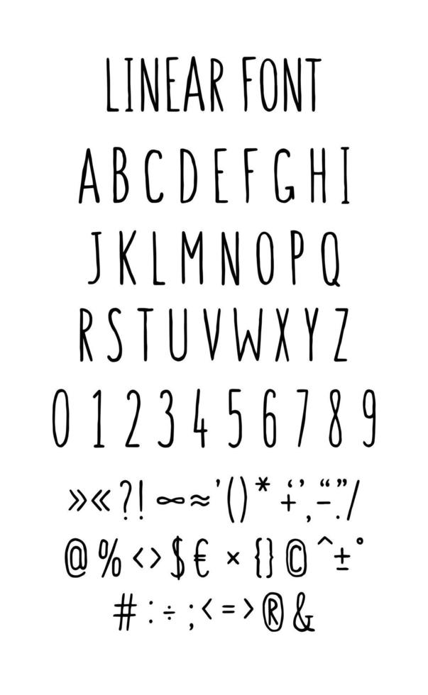 Font set of letters and symbols. Vector. Linear, contour letters. Flat style. Thin capital letters stretched out. All separately. Cartoon comic style. Latin alphabet. Blank for design. vector