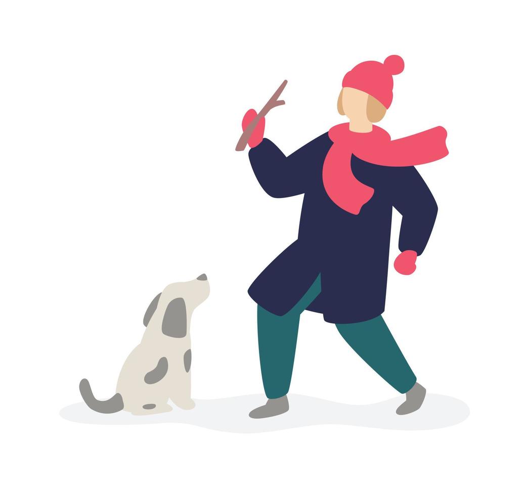 Illustration of a girl playing with a domestic dog on the street. Vector. Flat style. The girl and her pet. Image is isolated on a white background. vector