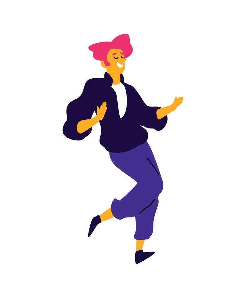 Cheerful red-haired guy in a black shirt. Vector. Illustration of a dancing young man. Character for the dance studio. Flat style. Company logo. Positive happy person. vector