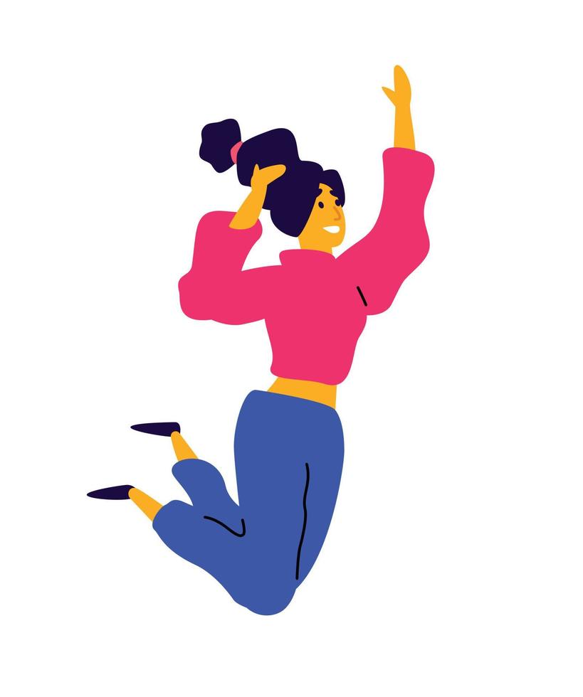 Cheerful dancing girl in a pink sweater and blue pants. Vector. Illustration of a laughing young woman. Character for the dance studio. Flat style. Company member. Jump up. vector